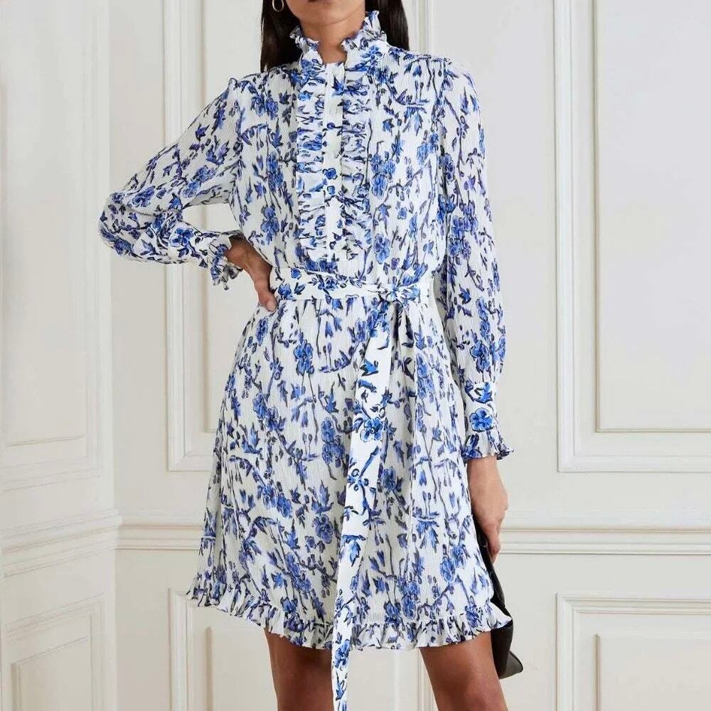 Tory Burch Deneuve DiMattio Floral Ruffle Dress Blue White Long Sleeve Size 6